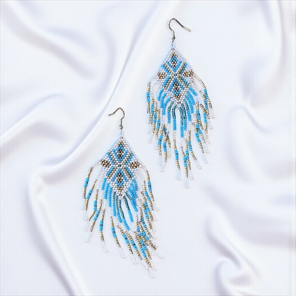 Southwestern Handbeaded Beaded Fringe Earrings - Picture 6 of 11